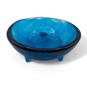 BAMBECO Molcajete Blue Recycled Art Glass Bowl 6"D Hand Made Three Footed Dish